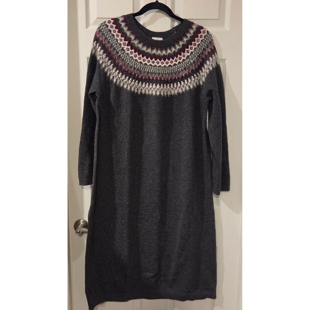 J.Jill Fair Isle Sweater Dress Women's Large Gray Nordic Midi Fuzzy Yoke